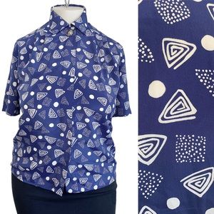 Vintage 90s blue & white geometric print top L / XL